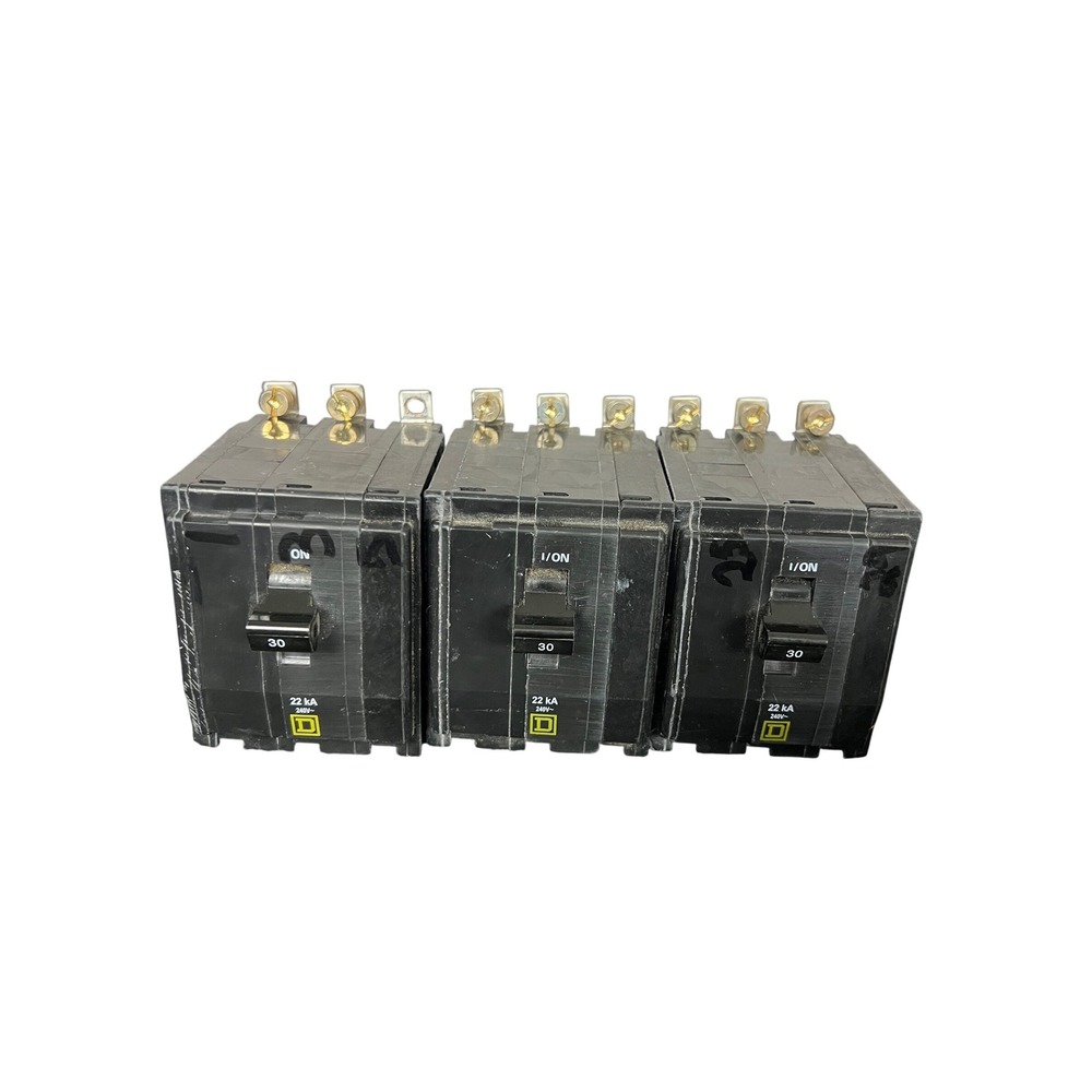 Lot of 3 Square D QOB330 30 Amp 3-Pole 240V 22kA Bolt-On Circuit Breakers